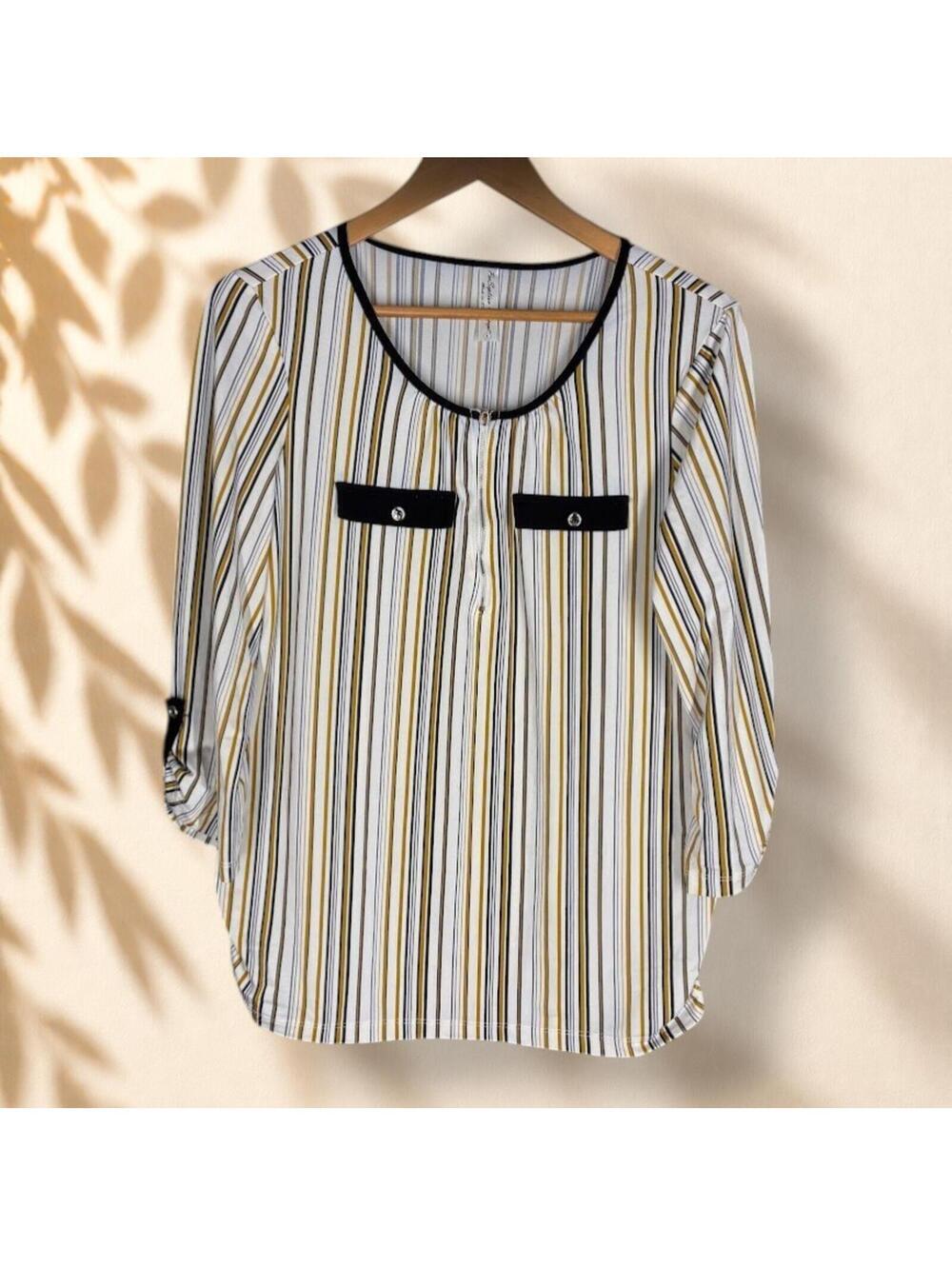 Per Seption Concept Blouse Women L Large White Striped 3/4 Sleeve 1/2 Zip Casual